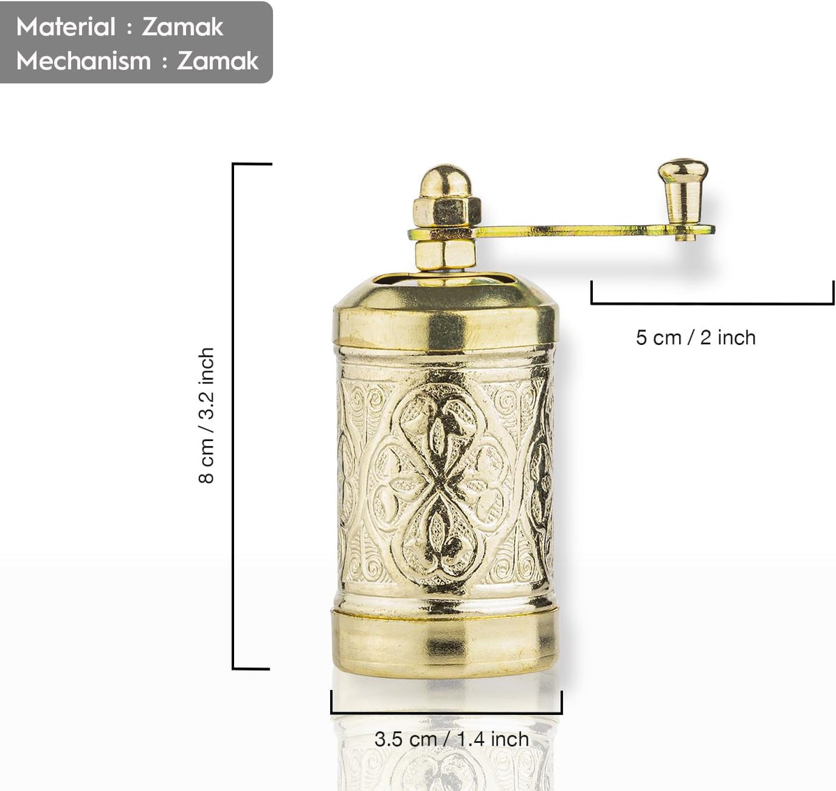 Decorative Handmade Black Pepper Grinder, Refillable Turkish Spice Mill with Adjustable Coarseness, Manual Pepper Mill with Handle, Spice Grinder with Hand Crank 8 cm-3.1 inch