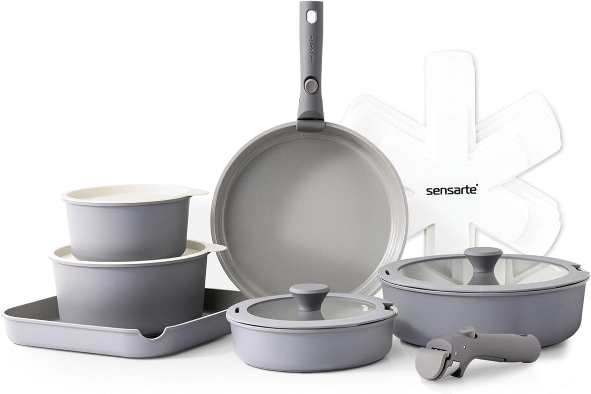 SENSARTE 17 Piece Ceramic Pots and Pans Set, Nonstick Detachable Handle Cookware, Induction Kitchen Cookware Set with Removable Handle, Dishwasher ＆ Oven Safe (Gray)
