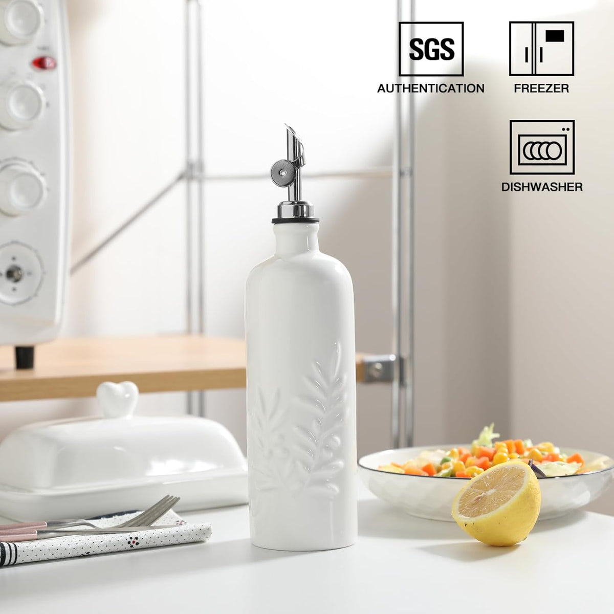 Sweejar 18 Oz Oil Dispenser for Kitchen with Gravity Spout, Ceramic Olive Oil Dispenser Bottle, Relief Opaque Vinegar Container for Evoo, Vinegar, Soy Sauce, Pack of 1(White, Silver Spout)