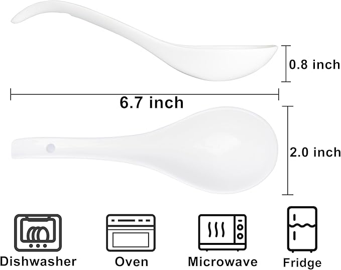Soup Spoons Set of 8, Ceramic Chinese Soup Spoon, Asian Soup Spoons, White Japanese Spoon Large for Ramen Pho Wonton Dumpling Miso, Deep Oval Hook Design (8 pcs-6.7 inch)