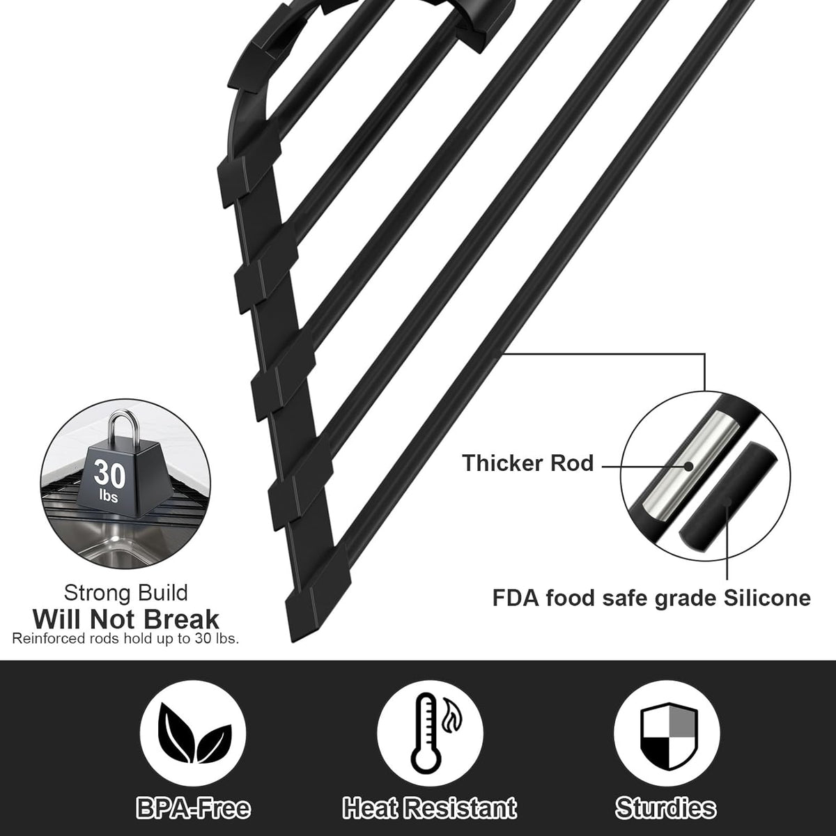 Triangular Sink Rack, Multi-Functional Rack Above The countertop, Foldable Sink Drying mat, Heat-Resistant, Non-Slip, and Rust-Proof Dish Rack (Black)