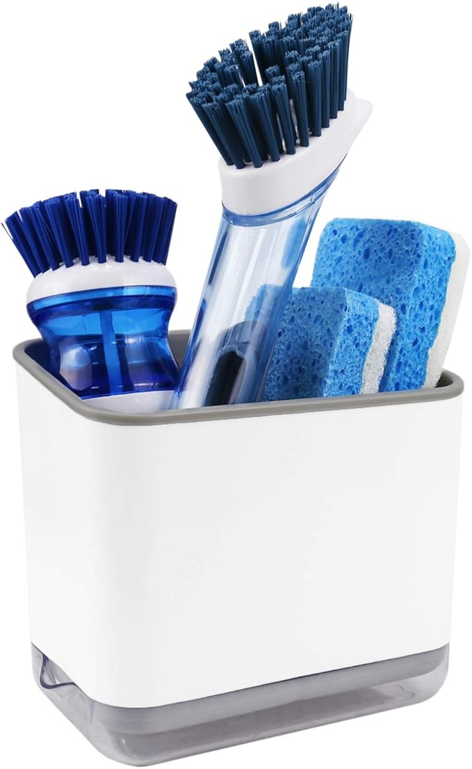 KeFanta Sink Counter Caddy, Plastic Dish Sponge Holder, Kitchen Brush and Scrubber Organizer with Drain Tray, White
