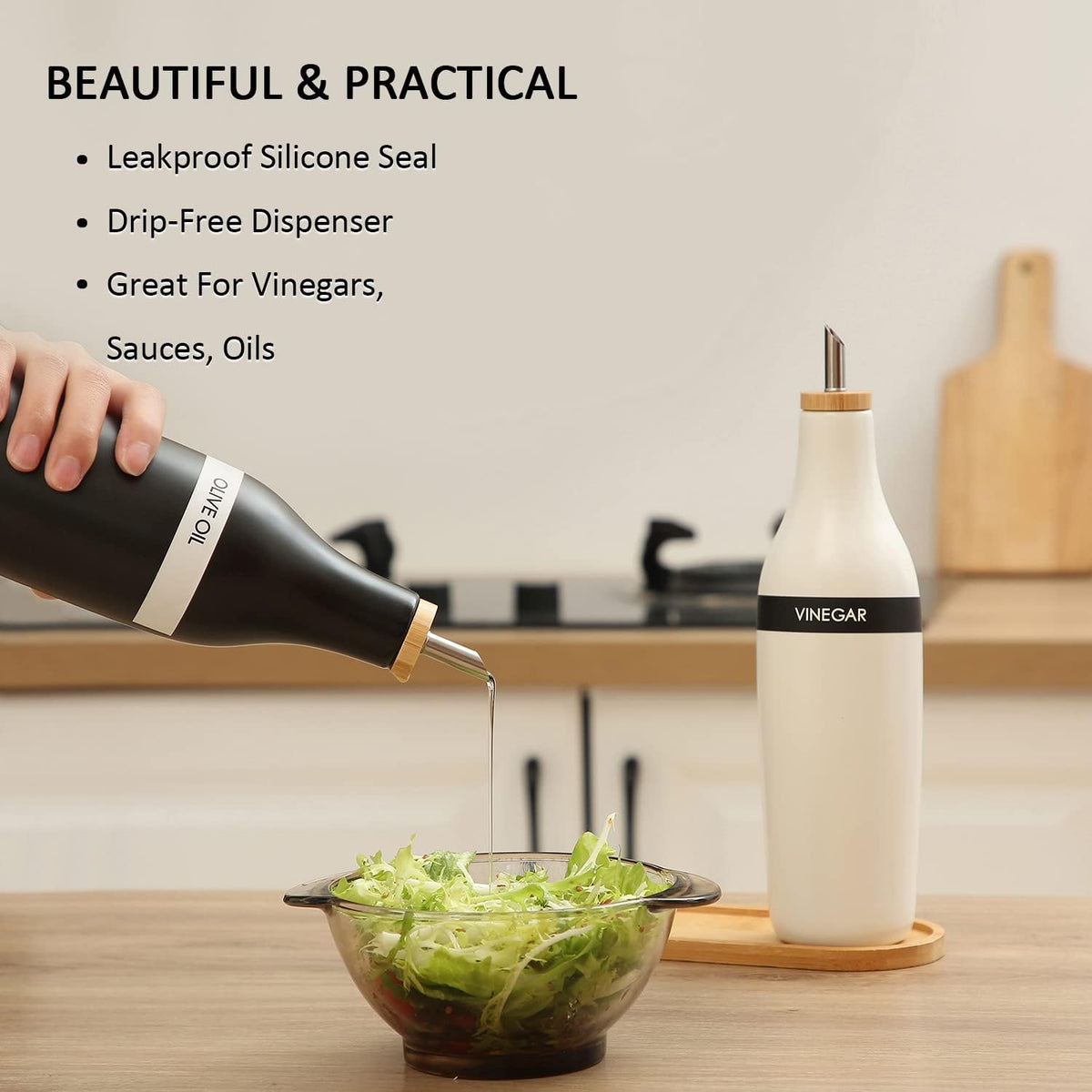 HOMCDALY Olive Oil and Vinegar Dispenser Set, Two 16oz Ceramic Oil Dispenser for Kitchen, Kitchen Dispenser Bottle for EVOO Vinegar Syrups, Modern Farmhouse Design| Set of 2 –Black &white