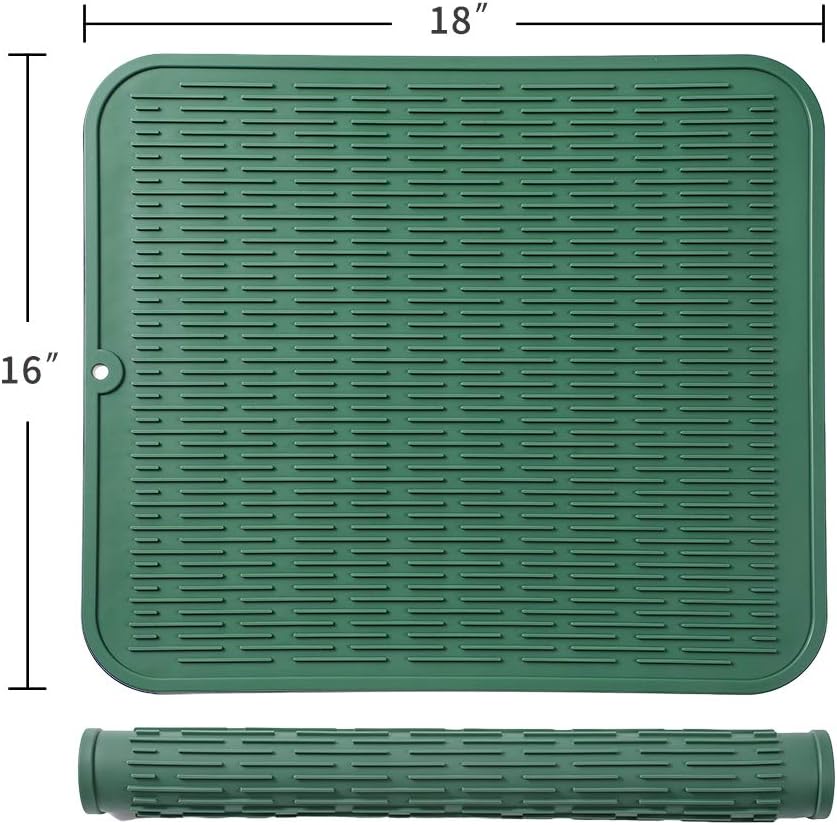 Silicone Dish Drying Mat for Multiple Usage,Easy clean,Eco-friendly,Heat-resistant Silicone Mat for Kitchen Counter or Sink,Refrigerator or Drawer Liner Green XL 18 inches x 16 inches