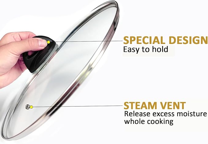 Glass Lids for Pot and Pan, 8, 9.5, 10.25, 11, 12, 12.6, 13.5, 14 Inch Tempered Replacement for Covers Kitchen Cookware, Frying Pan, Wok, Skillet (8 Inch)