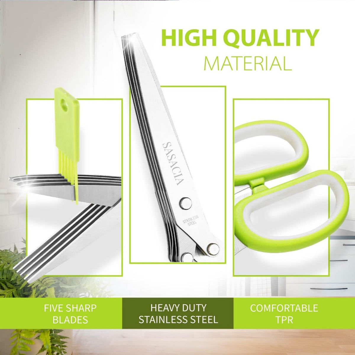 2-Pack Herb Scissors Set with 5 Blades & 3 Blades, Green Stainless Steel Kitchen Shears for Herbs, Veggies, Paper Shredding, with Cleaning Comb & Cover