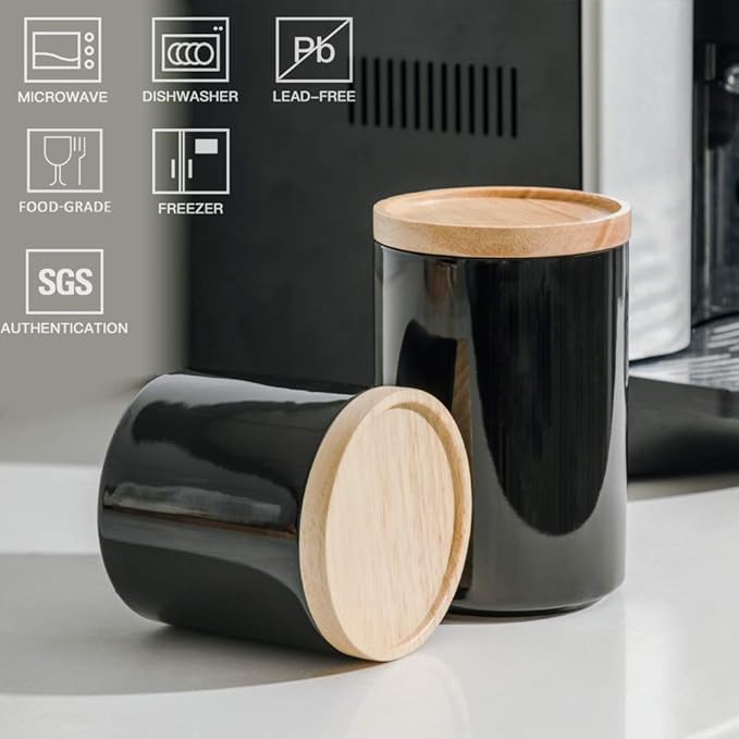 Sweejar Kitchen Canisters Ceramic Food Storage Jar, Stackable Containers with Airtight Seal Wooden Lid for Serving Ground Coffee, Tea, Sugar, Salt and More - 28 Fl Oz (Black)