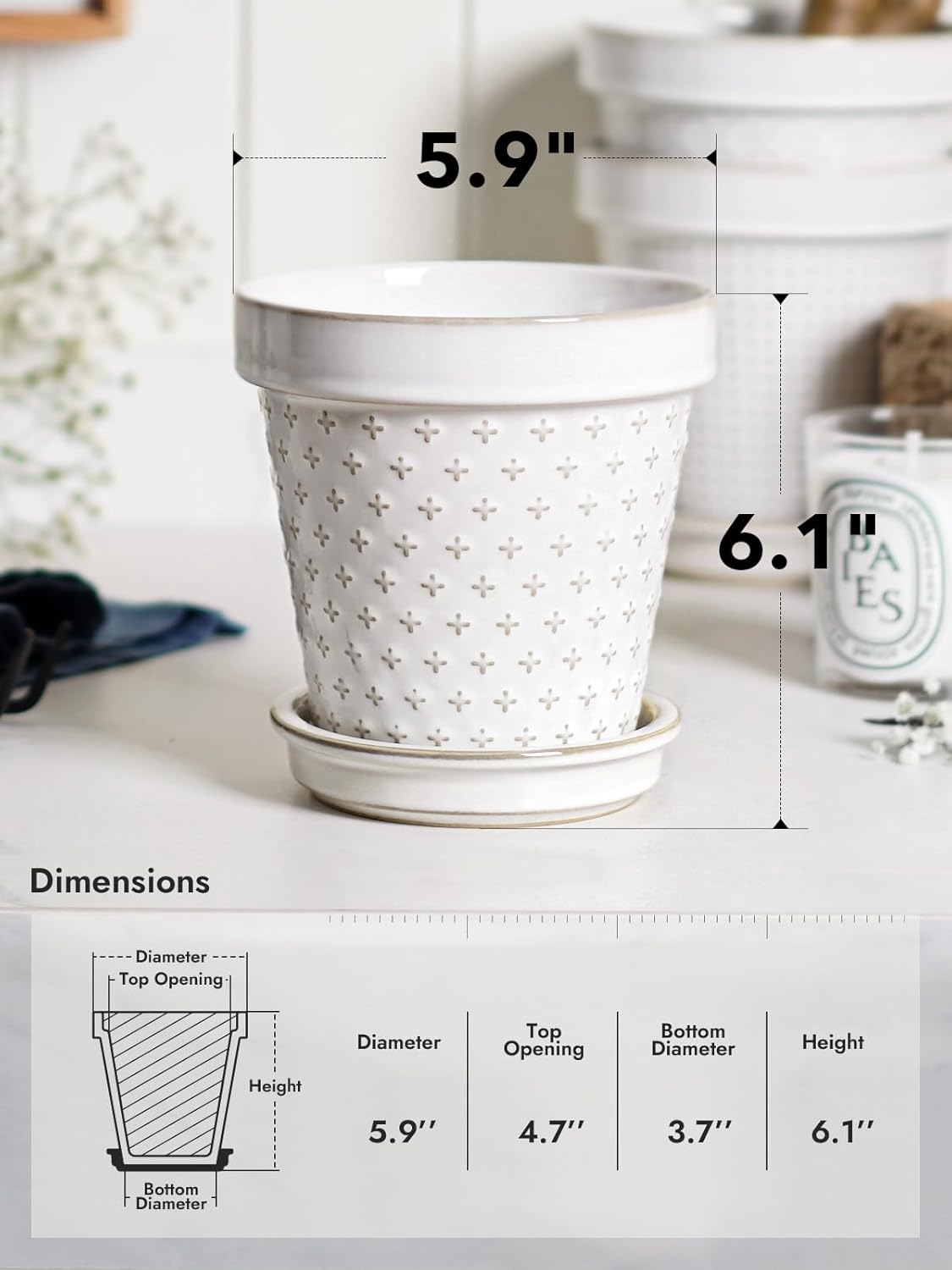 LE TAUCI Ceramic Plant Pots, 6 Inch Flower Pot with Drainage Hole & Saucer, Embossed Planter Pots for Indoor Plant Succulent, Orchid, Cactus, Home Decor - Set of 4, Arctic White