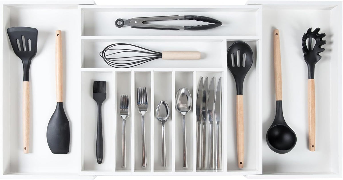 KitchenEdge Premium Silverware, Flatware and Utensil Organizer for Kitchen Drawers, Food-Safe Contract Grade, Expandable from 18 to 33 In, White Bamboo