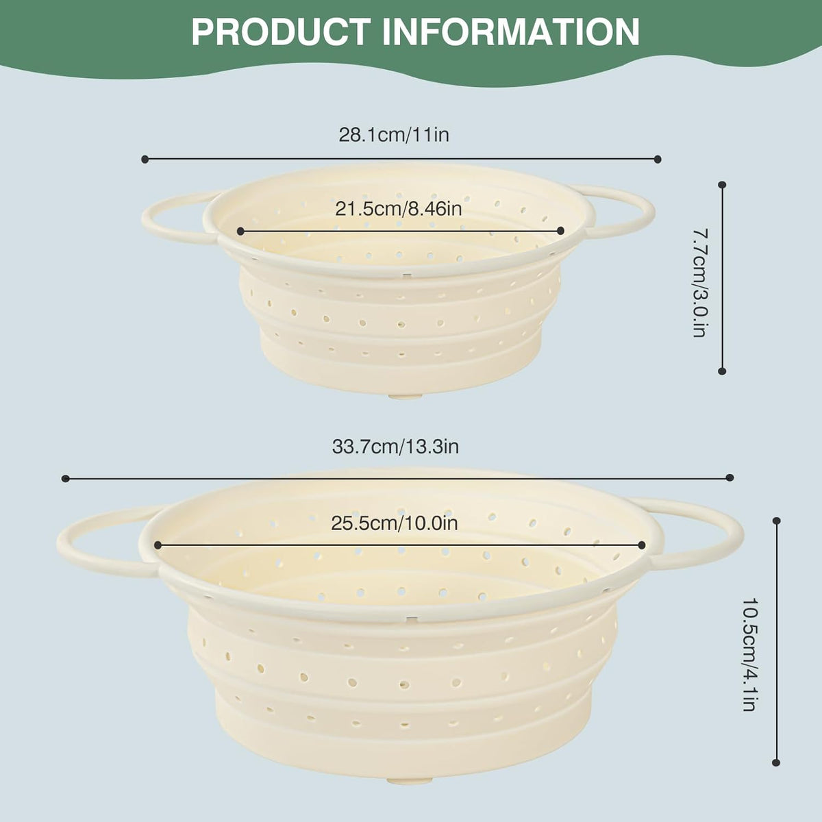 Strainers and Colanders, Silicone Collapsible Sink Collander, 13in, Strainers and Colanders for Kitchen, Large Drainer for Vegetable, Food, Pasta (White) (2)
