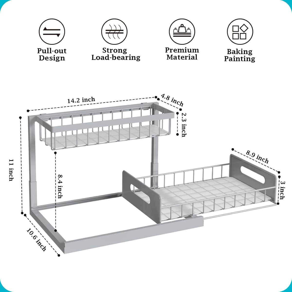 REALINN Under Sink Organizer, Pull Out Cabinet Organizer 2 Tier Slide Out Sink Shelf Cabinet Storage Shelves, Storage for Kitchen Bathroom, Grey, 2 Pack