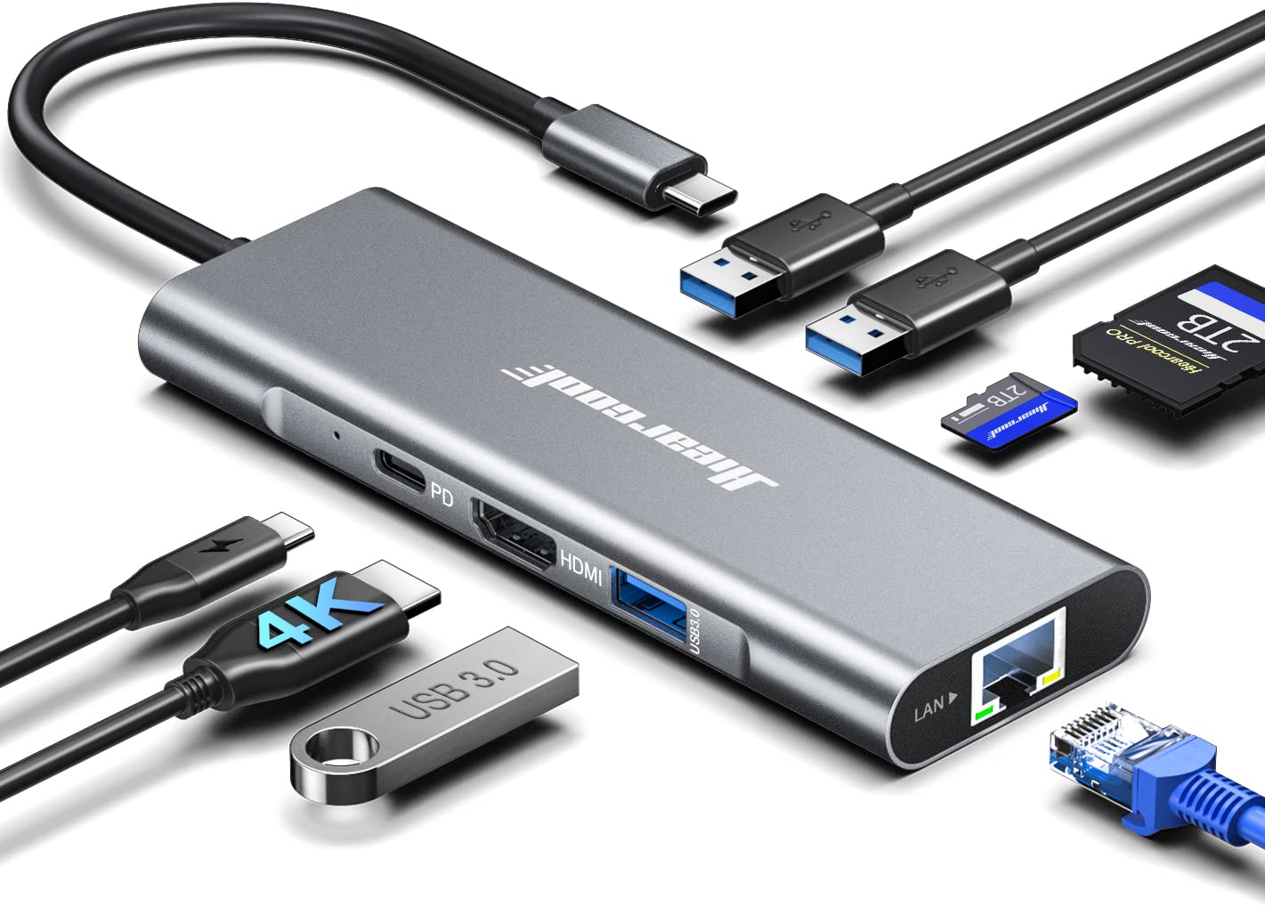 Hiearcool USB C Hub, USB C Dock, 4K@60Hz HDMI, 1Gbps Ethernet, Space Gray