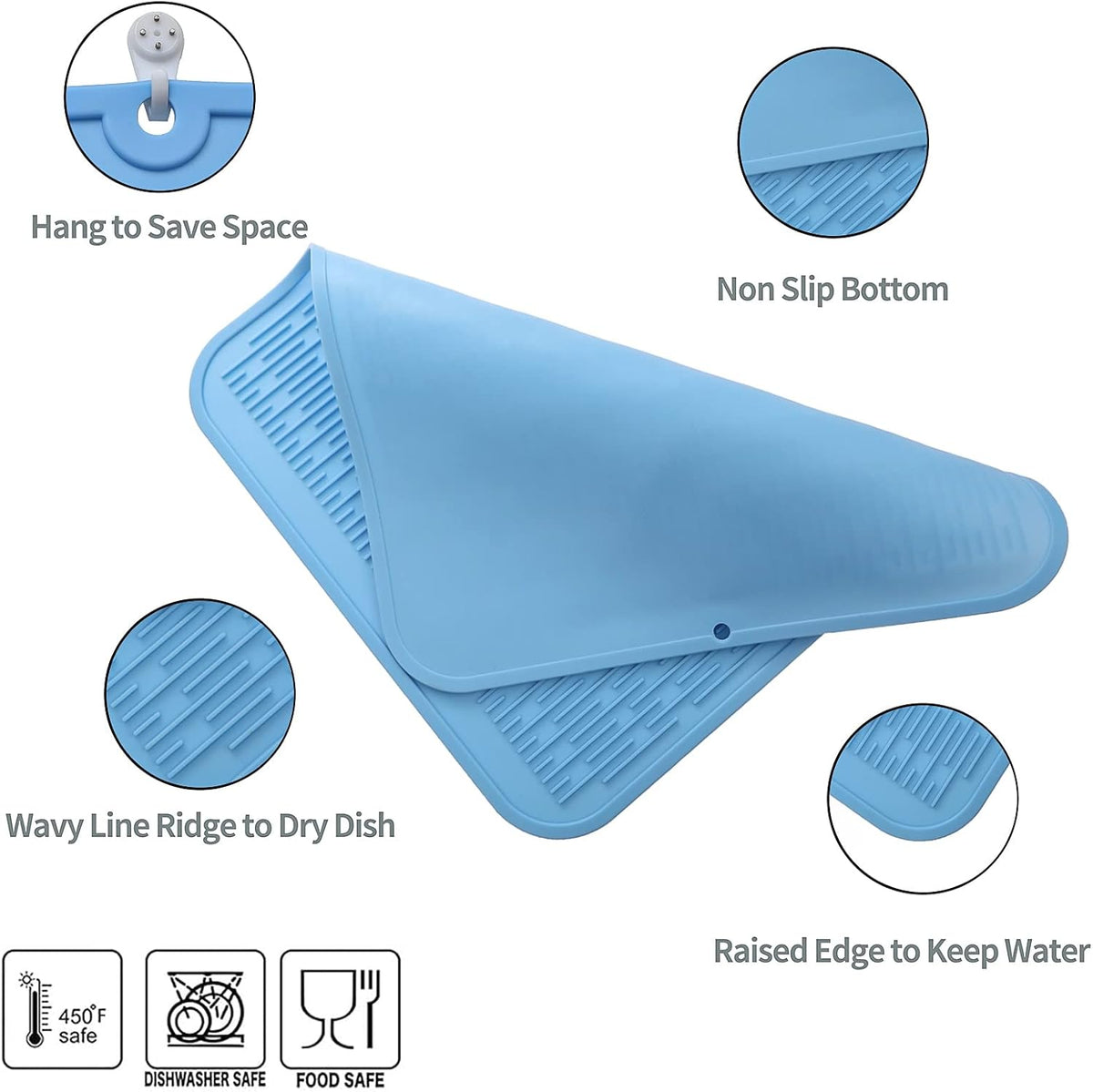 Silicone Dish Drying Mat for Multiple Usage,Easy clean,Eco-friendly,Heat-resistant Silicone Mat for Kitchen Counter or Sink,Refrigerator or Drawer Liner Light Blue XL 18 inches x 16 inches