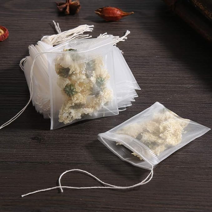 100 Pcs Empty Tea Filter Bags for Loose Tea Herb Spice Small Mesh Drawstring Seal Infuser Strainer Bags (2.36x2.75inch)