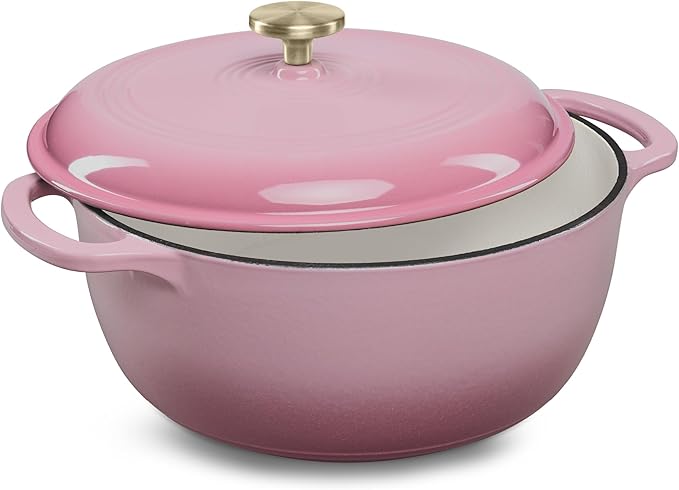 Best Choice Products 6 Quart Enamel Cast-Iron Round Dutch Oven, Family Style Heavy-Duty Pre-Seasoned Cookware for Home, Kitchen, Dining Room, Oven Safe w/Lid, Dual Handles - Pink Champagne