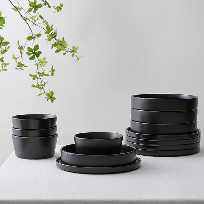 Stone Lain Celina Stoneware 12-Piece Dinnerware Set, Cereal and Pasta Bowls, Black, Coupe