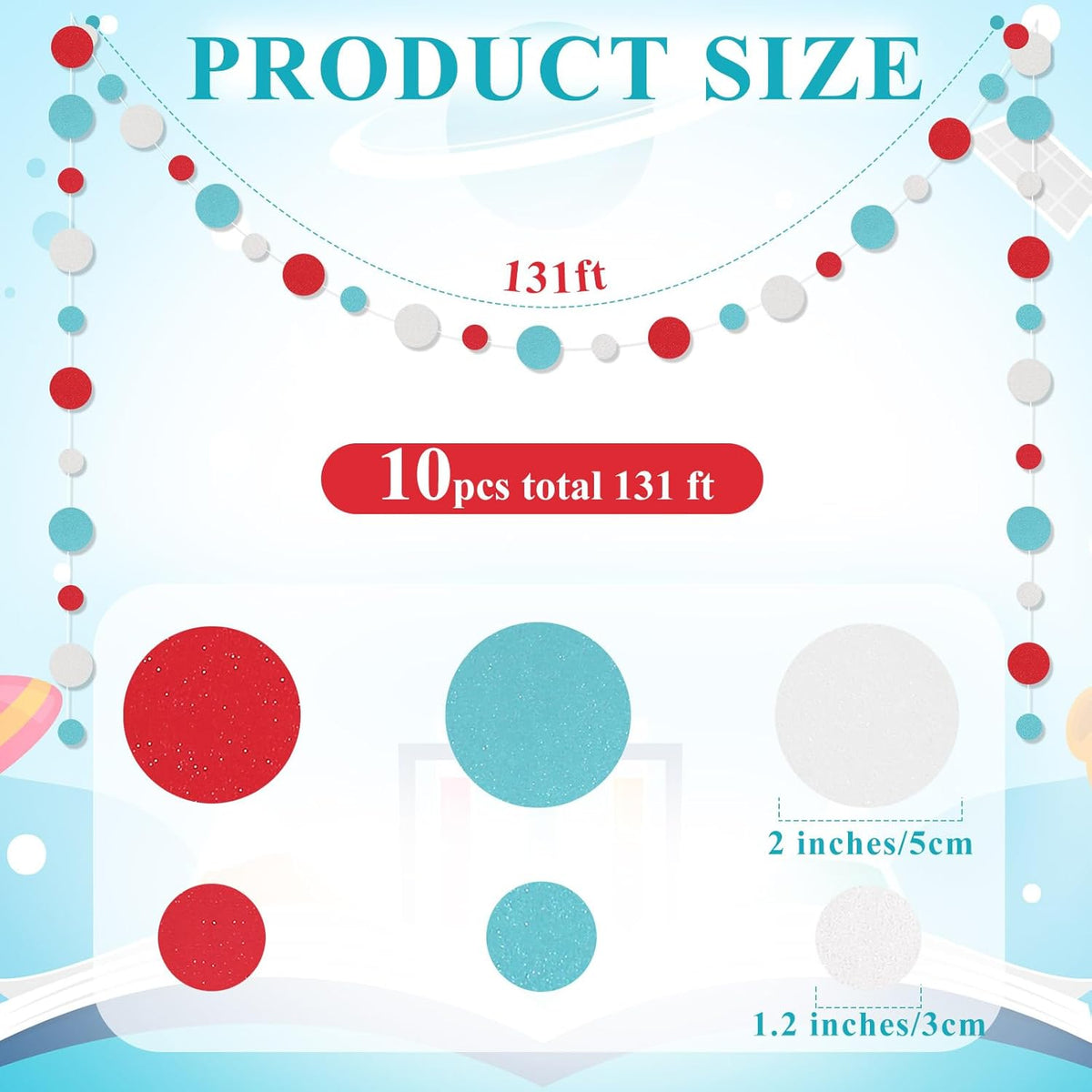 Outus 10 Pieces Colorful Dots Paper Garland Round Glitter Garland Hanging Confetti Streamers Backdrop Decoration for Birthday Classroom Candy Sprinkles Trunk or Treat Party (Light Blue,White,Red)