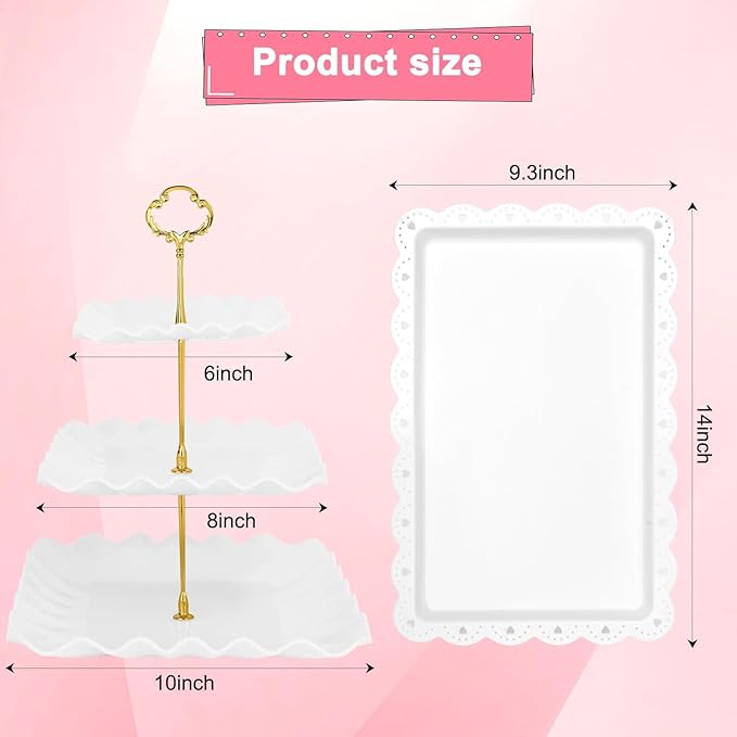 5 Pcs Dessert Table Display Set - 2 Pcs 3-Tier Dessert Display Stands & 3 Pcs Serving Tray - Dessert Trays Dessert Stands Treat Table Displays Set for Tea Parties,Birthdays & Baby Showers