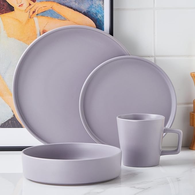 Stone Lain Cleo Stoneware 32-piece Round Dinnerware Set, Light Gray,Service For 8,Coupe - Celina