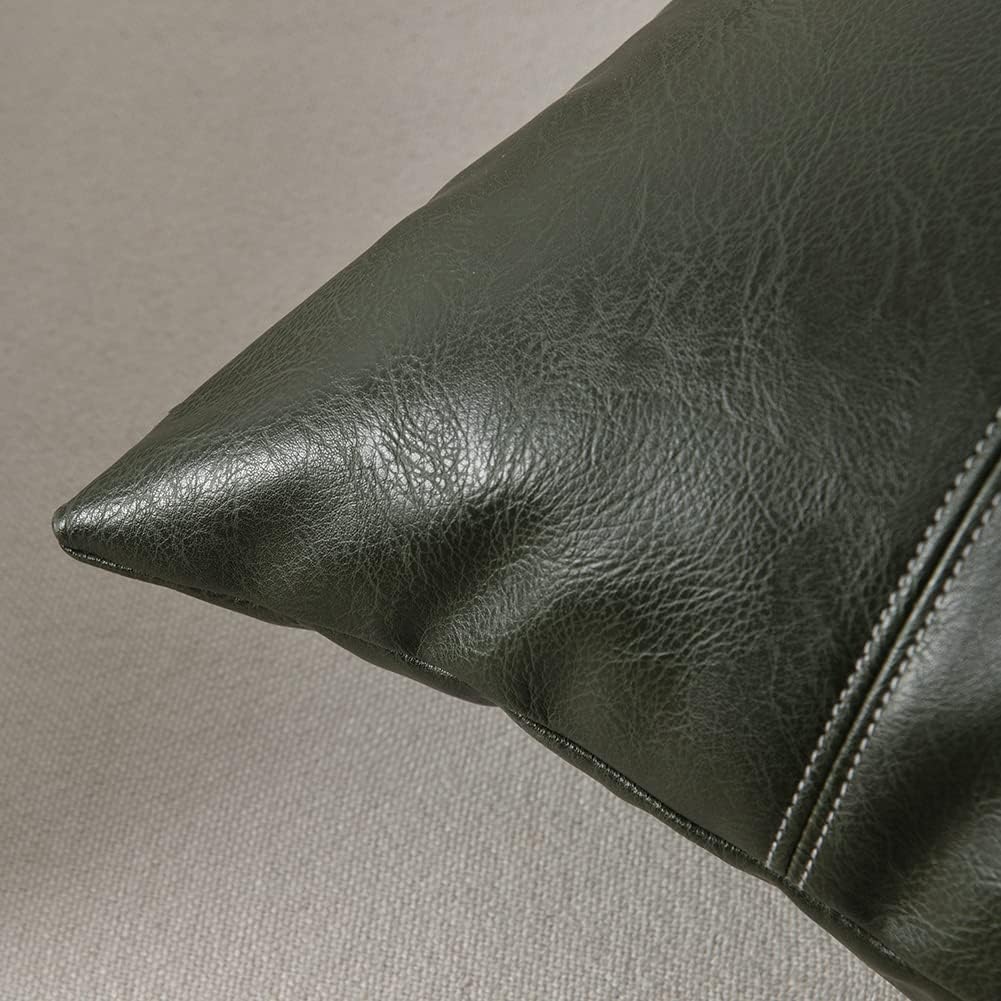 Fancy Homi Dark Green Long Lumbar Faux Leather Decorative Throw Pillow Covers 12x24 Inch for Living Room Couch Bed, Modern Farmhouse Boho Home Decor, Olive Green Hand Stitched Cushion Case 30x60 cm