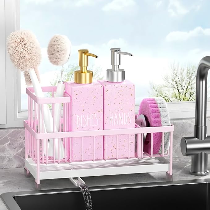 Cisily Dish Soap Dispenser, 12 fl oz Kitchen Soap Dispensers with Sponge Holder, Gold and Silver Pump Pink Glass Kitchen Soap Dispenser Set, Hand and Dish Soap Bottle Set, Pink Decor Accessories