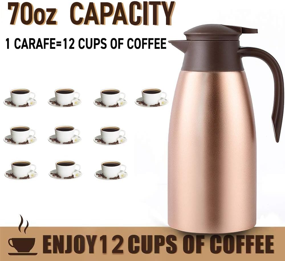 2pcs 70oz Thermal Coffee Carafe Coffee Pitcher, Insulated Stainless Steel Coffee Carafes for Keeping Hot Drinks, Double Walled Thermal Pot Dispenser for Coffee, Hot Water, Tea, Hot Beverage