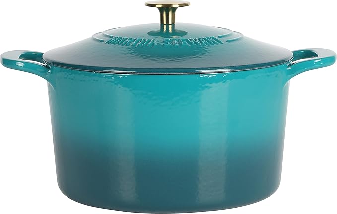 Martha Stewart Gatwick 7-Quart Enamel Cast Iron Dutch Oven – Emerald Ombre with Gold Knob – Durable Heavy-Duty Dutch Oven for Slow Cooking, Braising & Baking