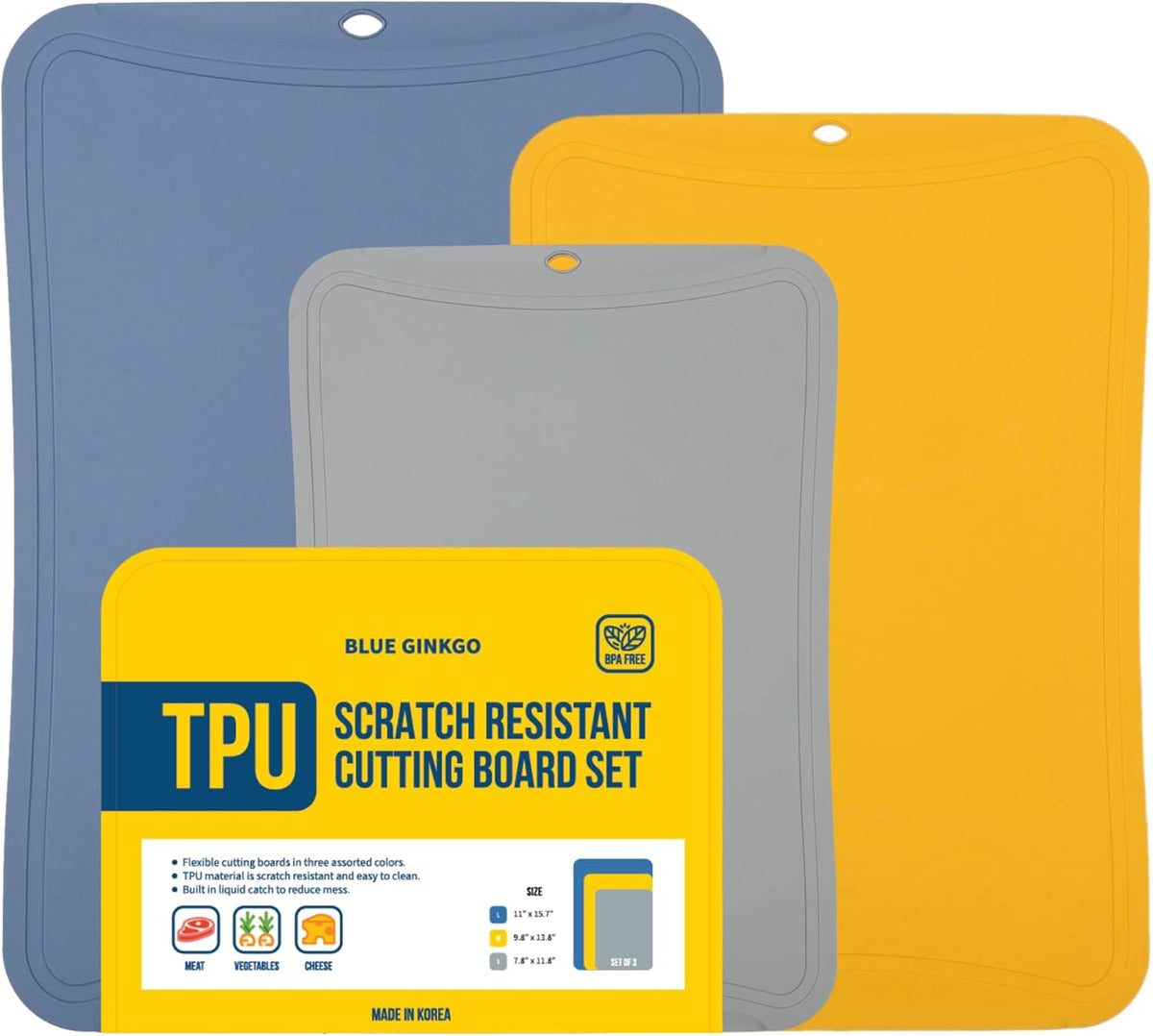 Blue Ginkgo TPU Cutting Mats [Set of 3] – Korean-Made Flexible, Knife-Friendly, Durable Kitchen Cutting Boards (Blue, Yellow, Gray)