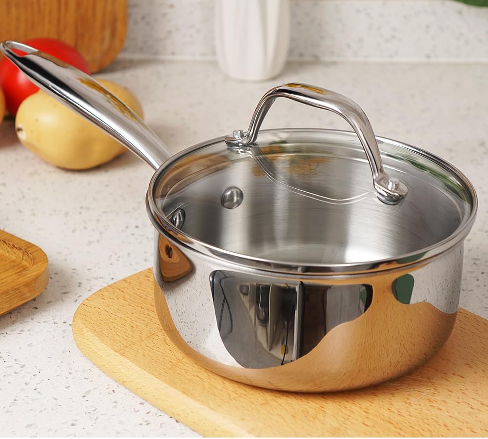 HOMICHEF Mirror Polished NICKEL FREE Stainless Steel 1.5 Quart / 6.5 Inch Sauce Pan with Glass Lid (No Toxic Non Stick Coating, Whole-Clad 3-Ply) Soup Pot Small Cooking Pot