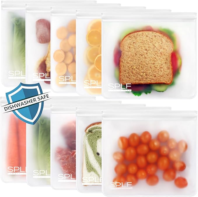 SPLF 10 Pack Reusable Sandwich Bags, Reusable Quart Bags Extra Thick Leak-proof Freezer Bags Bpa and Silicone Free for Marinate Meats, Cereal, Sandwich, Travel Items, Home Organization