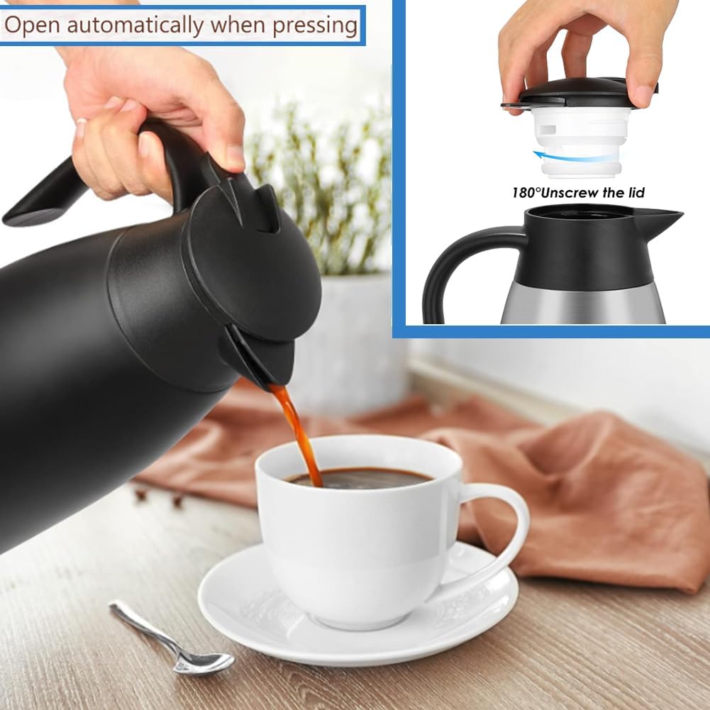 70 Oz Insulated Thermal Coffee Carafe Stainless Steel Double Walled Vacuum Coffee Thermos, Hot Water, Tea, Hot Beverage Dispenser, Keep 24 Hour Heat Retention/12 Hour Cold Retention (Black, 2L)