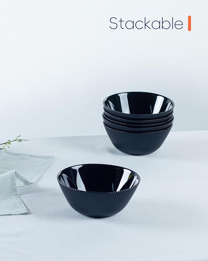 30 OZ Max Cereal Soup Bowl Set of 6, Opal Glass 7.2 inch Black Ribbed Bowls for Ramen, Noodle, Salad, Fruit, Dishwasher and Microwave Safe