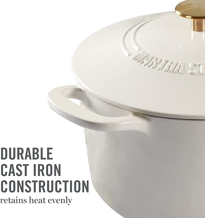 MARTHA STEWART Gatwick 7-Quart Enamel Cast Iron Dutch Oven – Linen White With Gold – Heavy-Duty Dutch Oven for Slow Cooking, Braising & Baking