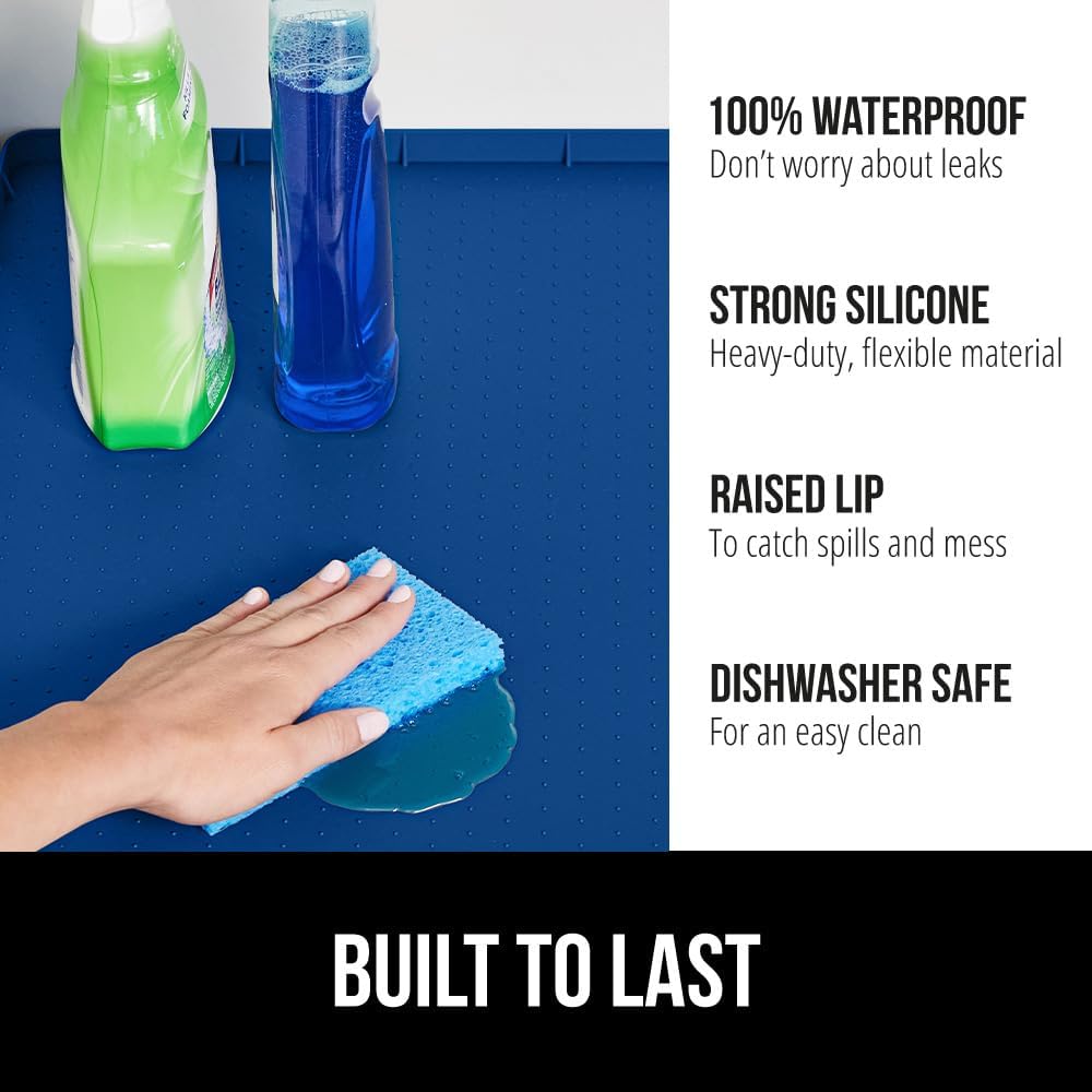 GORILLA GRIP Waterproof Silicone Under Sink Mat with Raised Lip for Kitchen and Bathroom, 28 x 22 in, Cabinet Shelf Liner Stay in Place Mats Dishwasher Safe Drawer Liner, Organizer Tray, Blue