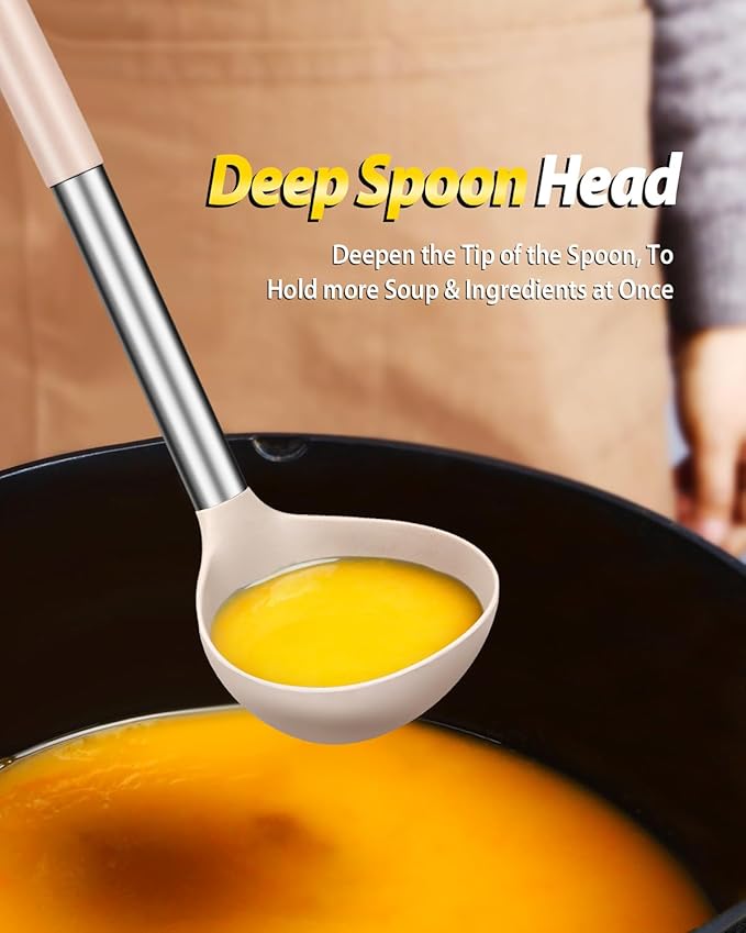 Silicone Pasta Fork and Ladle Spoon Set, Large Non Stick Kitchen Utensils for Cooking,Stirring,Serving Spaghetti, Soup, Sauce (KHAKI)