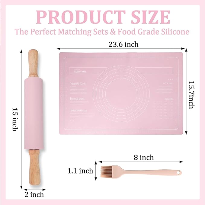 3Pcs Silicone Rolling Pin for Baking Sets,15Inch Pastry Dough Roller with Wooden Handle Silicone Mat and Brush, Non Stick Surface Rolling Pins for Dough Cookie Baking Supplies Kitchen Accessories