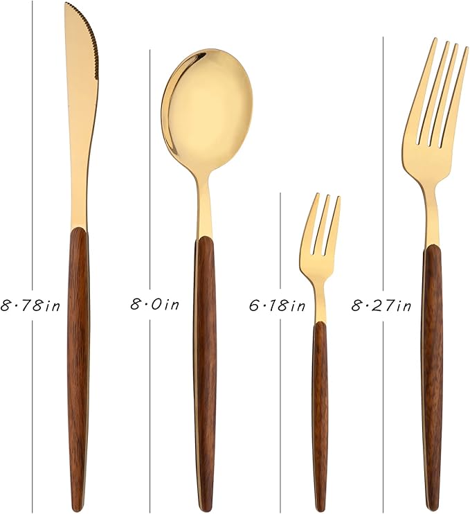 16-Piece Silverware Set with Cake Fork, Gold Stainless Steel Flatware Cutlery Set, Eating Utensils Set with Wooden effect Handle, Include Knife Fork Spoon, Mirror Polished, Dishwasher Safe