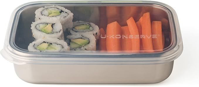 U Konserve Stainless Steel Rectangle Food Storage Bento Box Container, Leak Proof Silicone Lid Dishwasher Safe - Plastic Free, (25oz Clear)