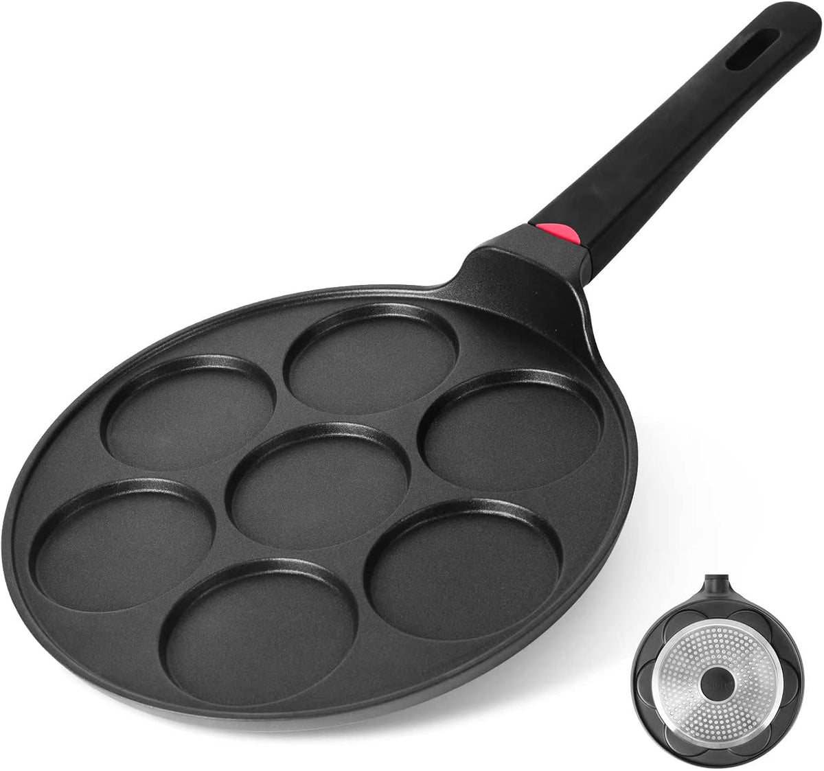 Pancake Pan Maker Nonstick Induction Compatible, 10.5 Inch Mini Non Stick Silver Dollar Grill Blini Griddle Crepe Pan,7 Molds Cake Egg Cooker Skillet for Kids Gifts