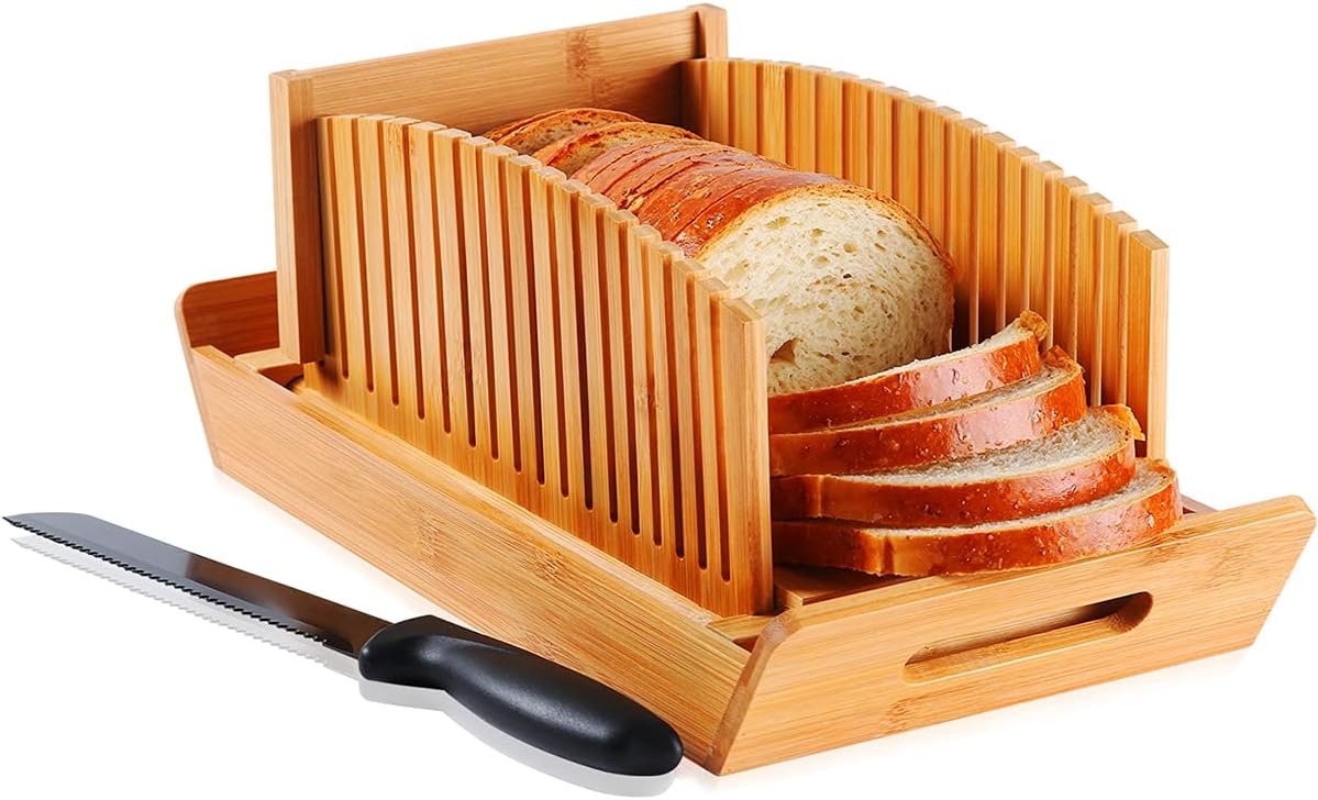 Bread Slicer for Homemade Bread, Bamboo Loaf Cutter with Knife and Crumb Catcher, Adjustable Foldable and Compact Cutting Guide 3 Size Slicing Guide