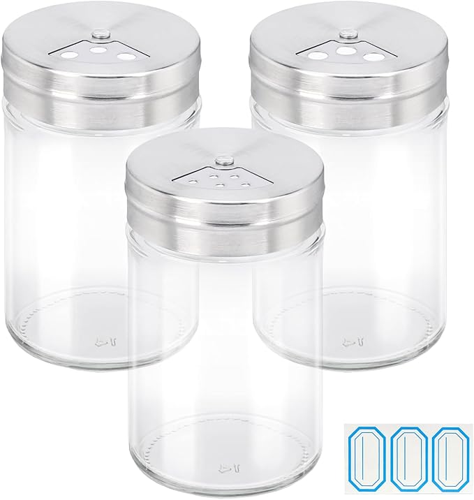 Segarty Spice Jars, 3 Pack 3 oz Spice Bottles with Shaker Lids, Glass Empty Seasoning Containers with Adjustable Pour Holes for Kitchen Spice Storage Stainless Steel Flow Top Salt and Pepper Shakers