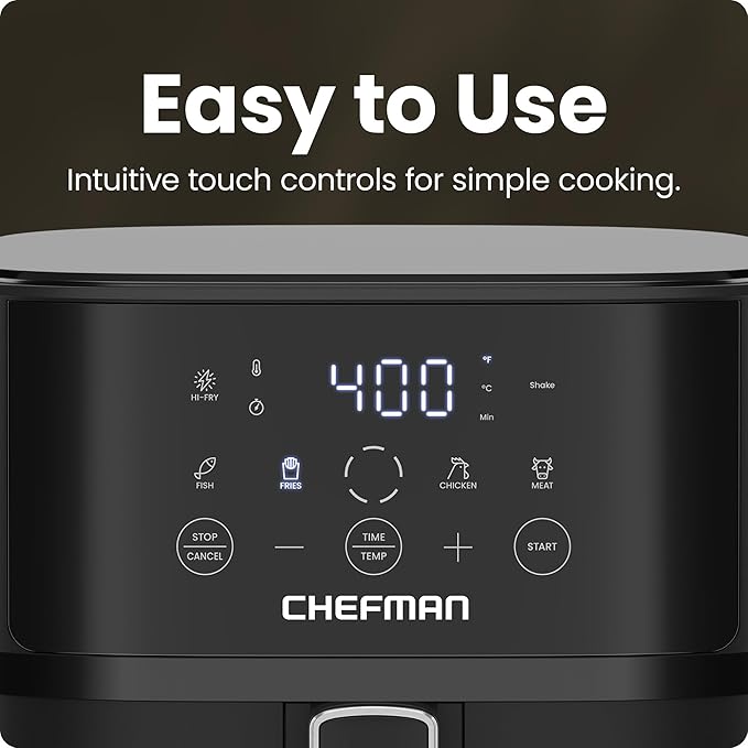 Chefman Air Fryer – 6 QT Compact Airfryer for Quick & Easy Meals in Minutes, Features Hi-Fry Technology for Extra Crisp, Touchscreen Controls with 4 Presets, Nonstick & Dishwasher Safe Basket - Black