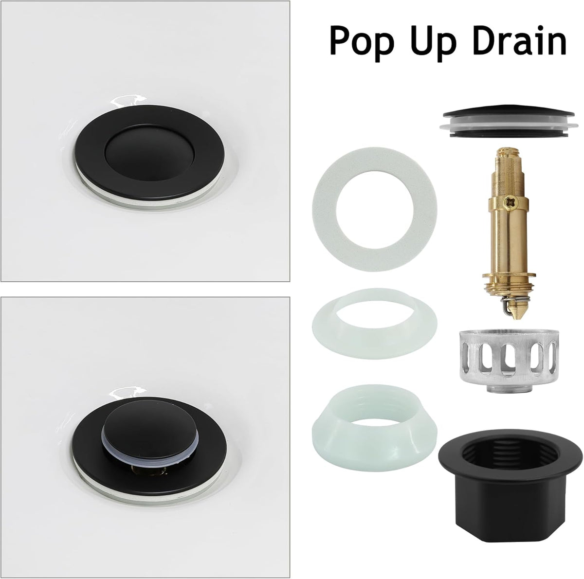 Bathroom Sink Drain,2 Pack Matte Black Drain Stopper Without Overflow,Small Cap Pop Up Drain Assembly with Detachable Strainer Basket,Built-in Anti-Clogging, Stainless Steel Nut