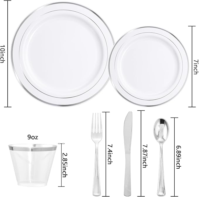 bUCLA 600pcs Silver Plastic Dinnerware Set for 100 Guests - Silver Christmas Dinnerware Set Disposable for Party - Include 100 Dinner Plates,100 Dessert Plates,100Cups,100 Knives,100 Forks,100 Spoons