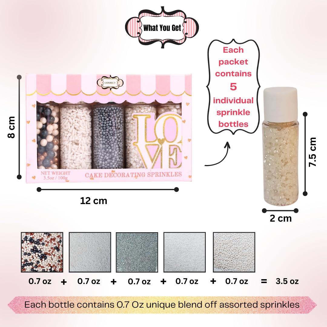 Confect White Sprinkles | Sprinkles for Cakes & Cupcakes Decoration | Assorted pack of 5 | Mix Black, Bronze & White Dragees Pearl , Jimmies & Sparkling Sugar | Vegan, Gluten-Free, Nut-Free, Soy-Free, Dairy-Free, Palm Oil-Free- 5 Oz