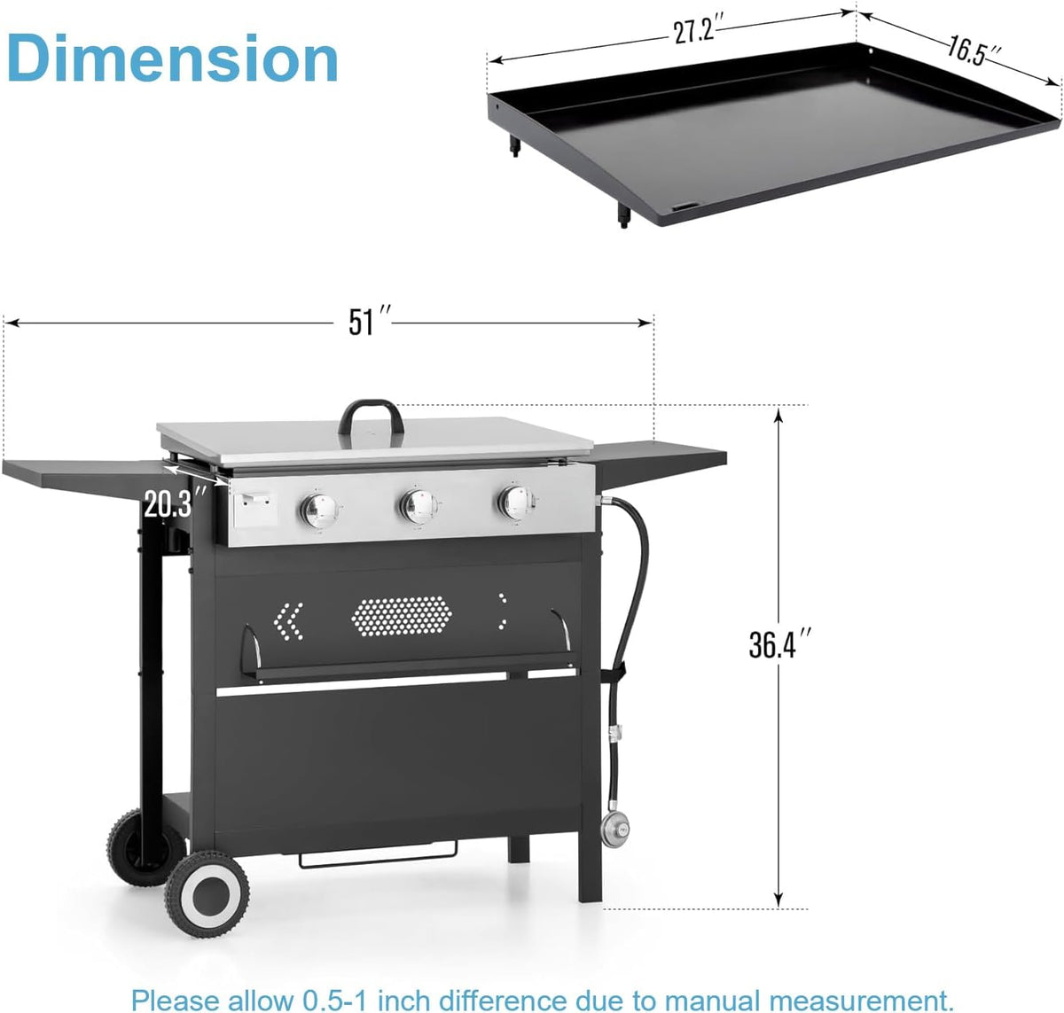 GREEN PARTY 3 Burner Propane Gas Griddle with Removable Standing Cart, Convertible to Tabletop Design, 27 inch Flat Top Grill for Outdoor Cooking Camping Tailgating Barbecue