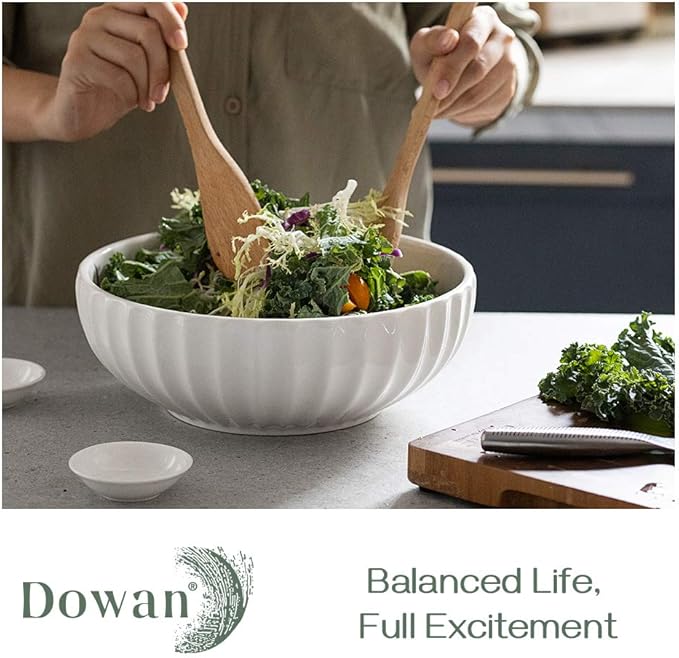 DOWAN 9.8'' Serving Bowls, 86 oz Large Salad Bowl, Ceramic Serving Dishes, Set of 2, Pumpkin Shape for Halloween, Entertaining, Party, Kitchen, Dinner, Banquet, Housewarming Gift, Soft White