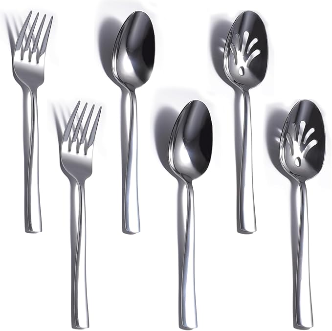 6 Piece Serving Utensils Set, Includes Serving Spoons x 2, Slotted Spoons x 2, Serving Forks x 2, Large Cutlery for Catering Buffet, Mirror Polished, Dishwasher Safe, 9 Inches