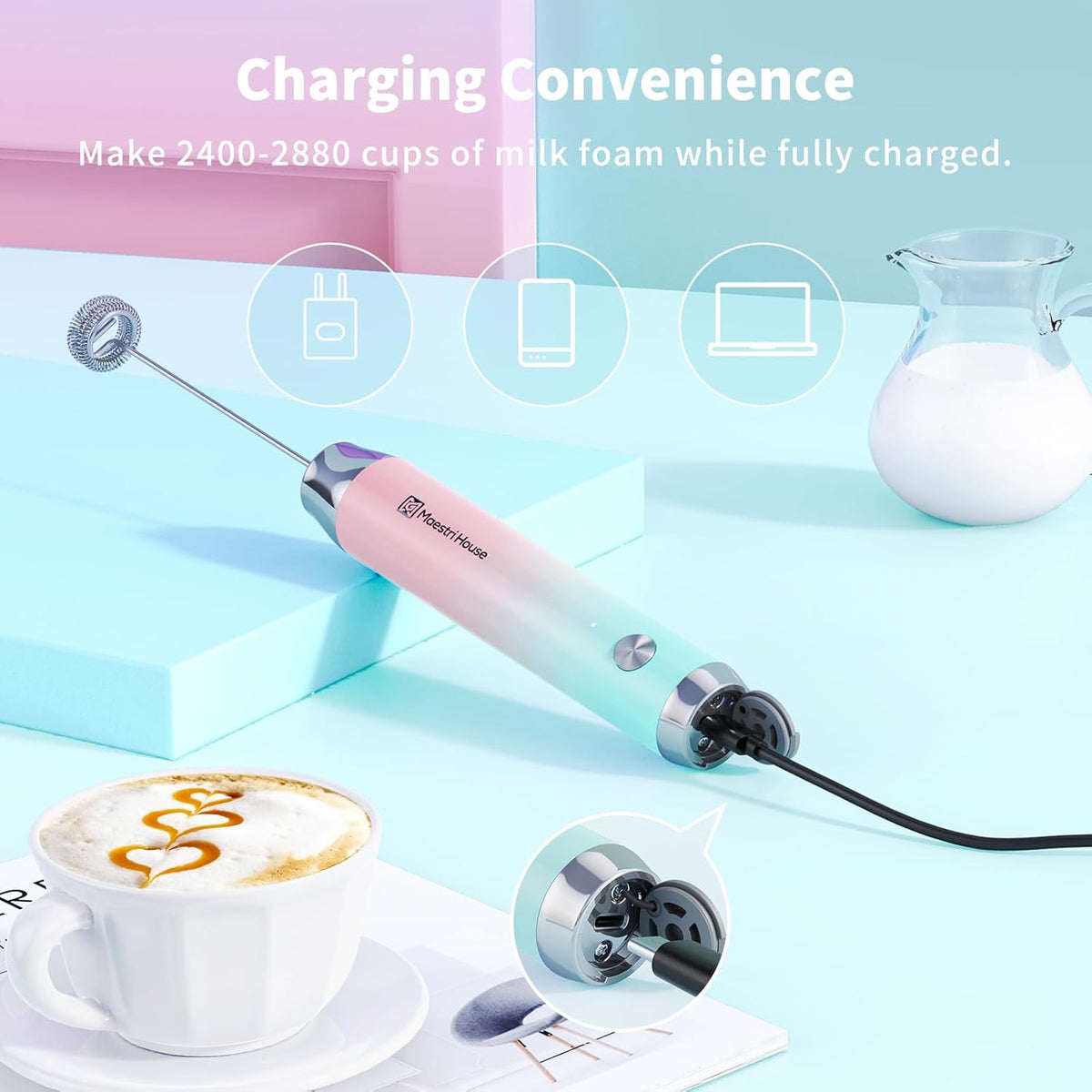 Maestri House Rechargeable Milk Frother with Stand, LunaFro Handheld Electric Foam Maker Waterproof Detachable Stainless Steel Whisk Drink Mixer Foamer for Lattes, Cappuccino