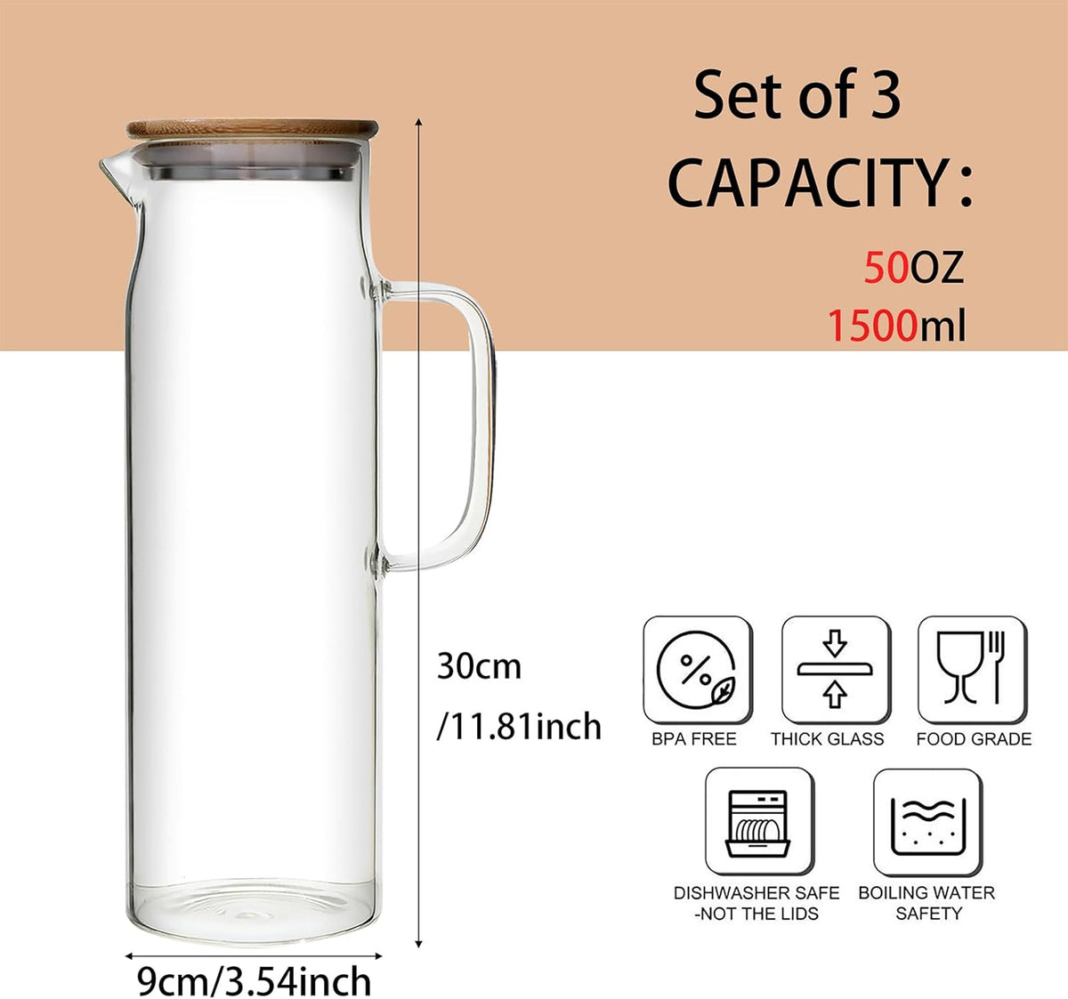 50oz Glass Pitcher with Lid, Glass Water Carafe with Handle, Fridge Water Jug Cold or Hot Beverages, Iced Tea, Milk, Juice (set of 3)